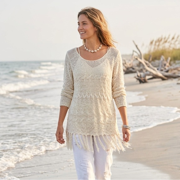 Olivia Sky Cream Open-Knit Tassel Fringe Sweater - Size 1X - Picture 2 of 9